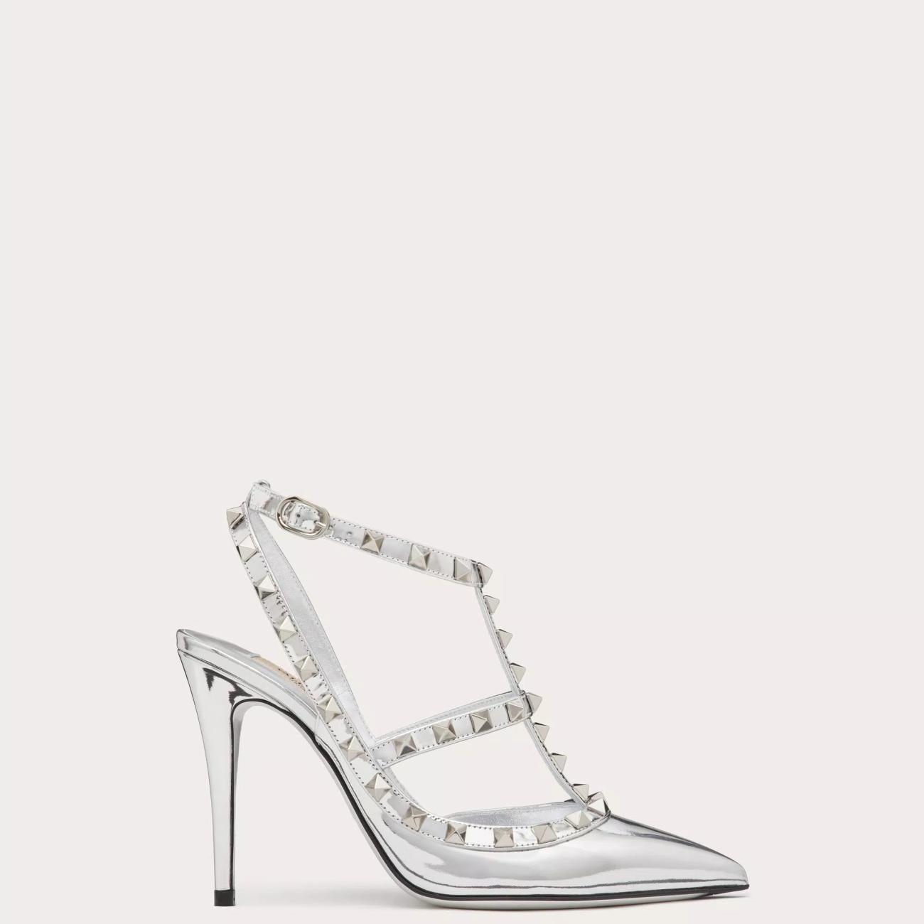 ROCKSTUD MIRROR EFFECT PUMPS WITH MATCHING STRAP & STUD DETAILS 100MM