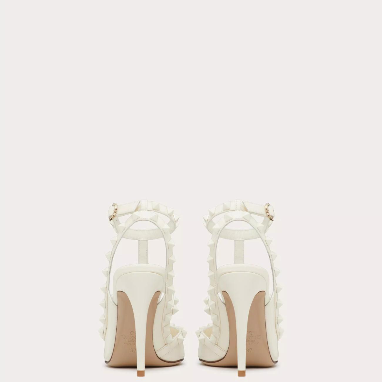 TONE ON TONE STUD EMBELLISHED ROCKSTUD STRAP PUMPS 100MM WHITE