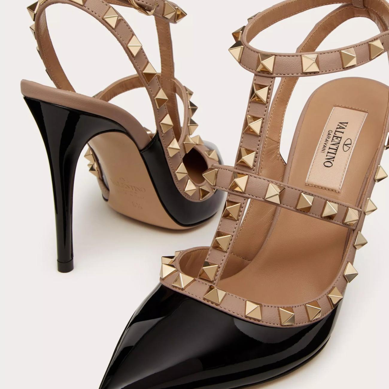 100MM PATENT LEATHER ROCKSTUD CAGE PUMPS BLACK