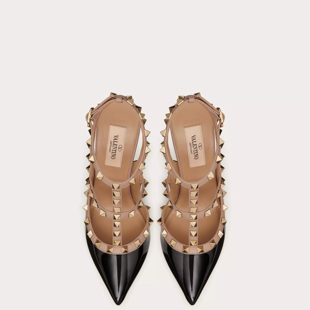 100MM PATENT LEATHER ROCKSTUD CAGE PUMPS BLACK