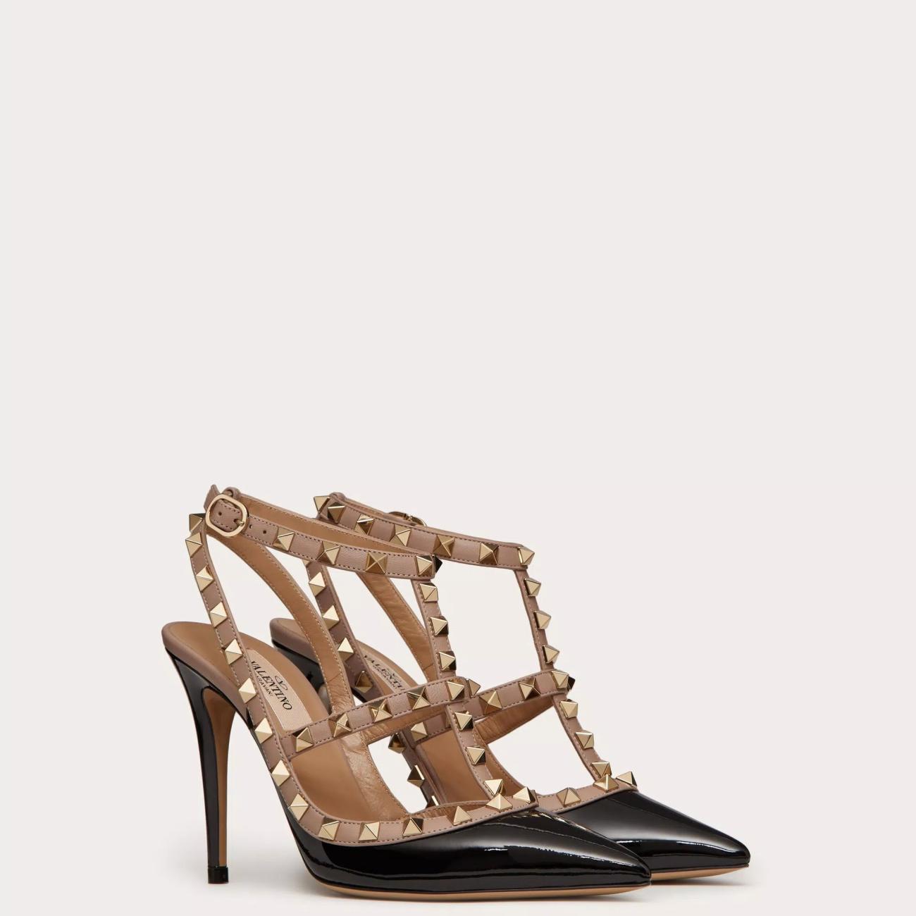 100MM PATENT LEATHER ROCKSTUD CAGE PUMPS BLACK