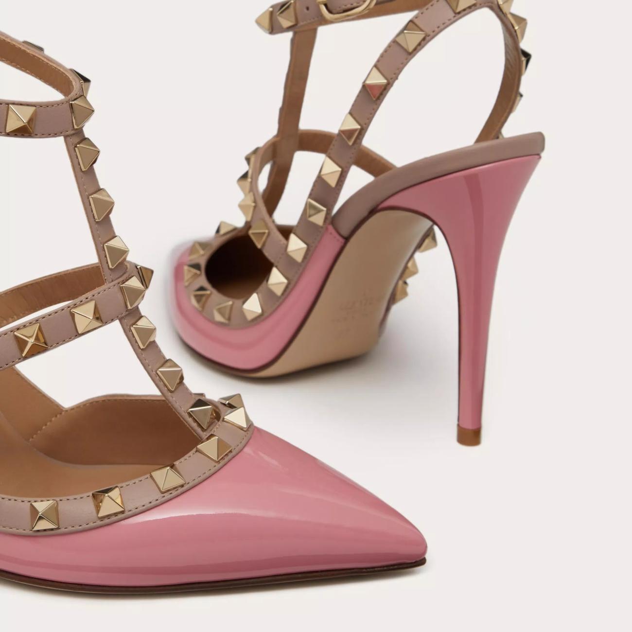 100MM PATENT LEATHER ROCKSTUD CAGE PUMPS PINK