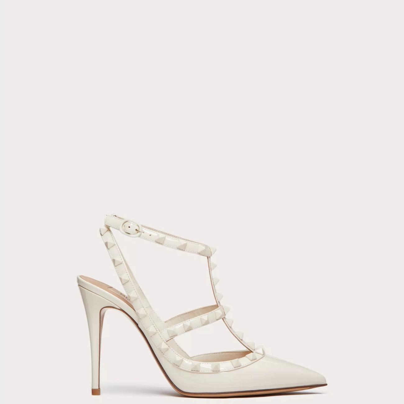 TONE-ON-TONE STUD-EMBELLISHED PATENT LEATHER ROCKSTUD STRAP PUMPS 100MM