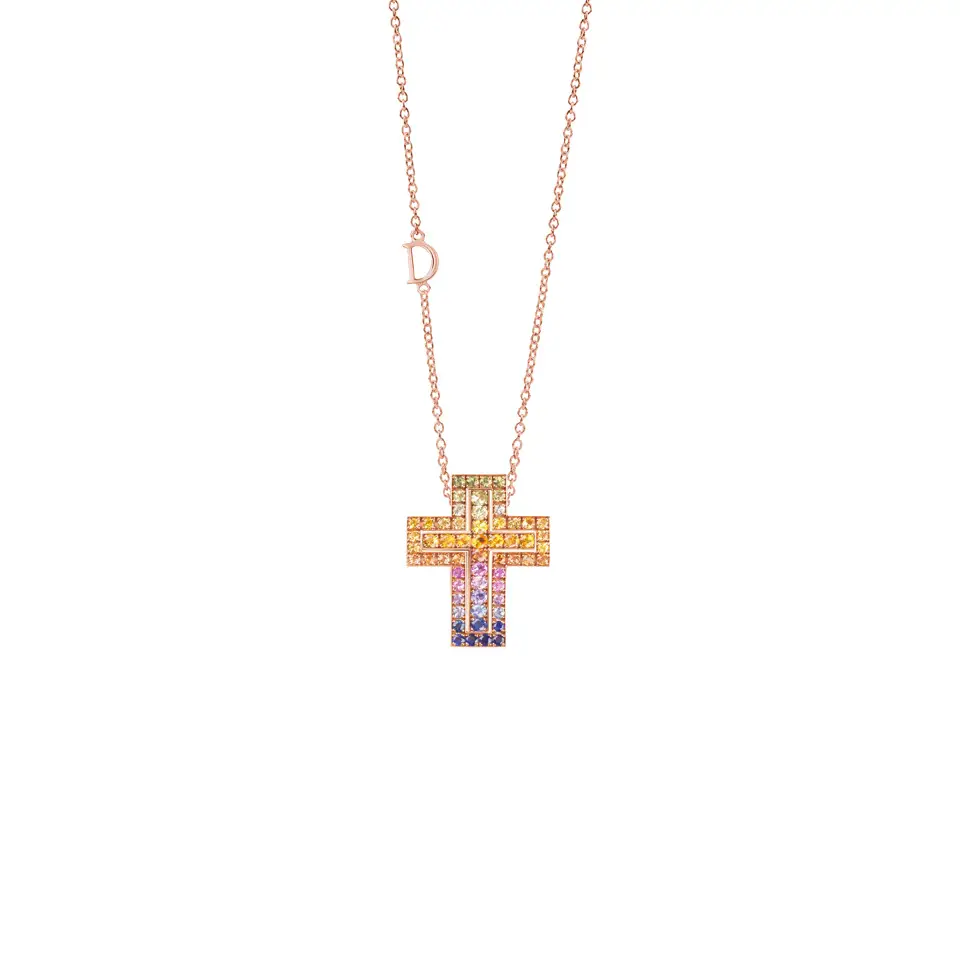 Damiani Belle Epoque Rainbow Sapphires 20x26mm Necklace Pink Gold