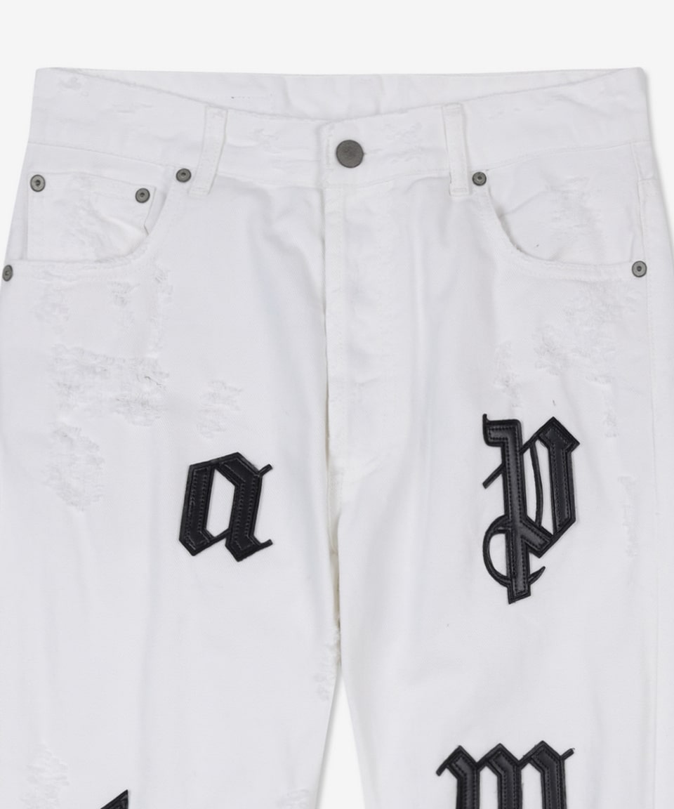 [3 Days Special] Men's Logo Patch Distressed Pants - White