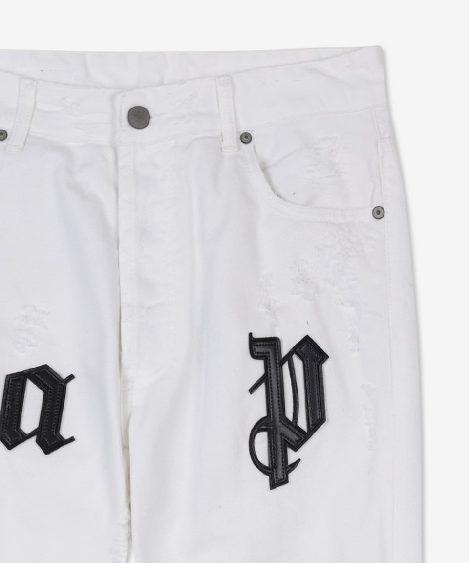 [3 Days Special] Men's Logo Patch Distressed Pants - White