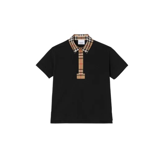 (Kids) Burberry Vintage Check Trim Cotton Pique Polo Shirt Black