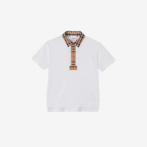 (Kids) Burberry Vintage Check Trim Cotton Pique Polo Shirt White