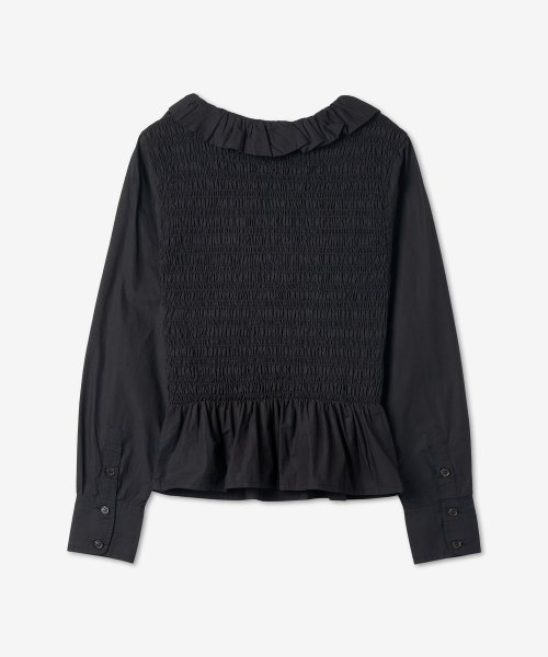 Ganni Cotton Poplin Open-Neck Smocked Shirt - Black 