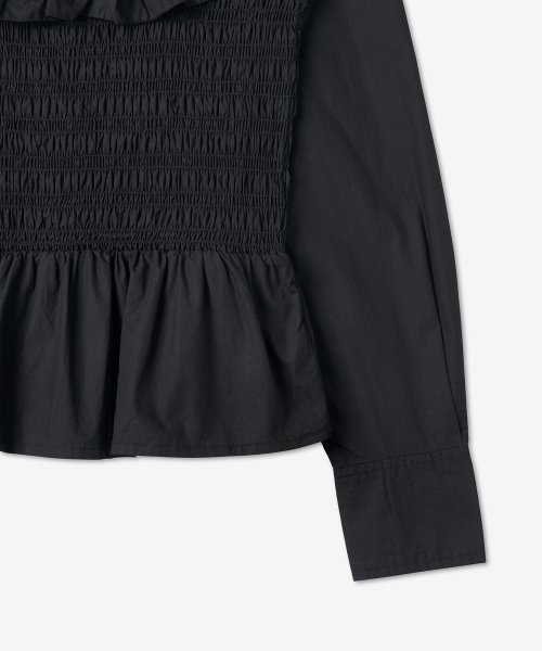 Ganni Cotton Poplin Open-Neck Smocked Shirt - Black 