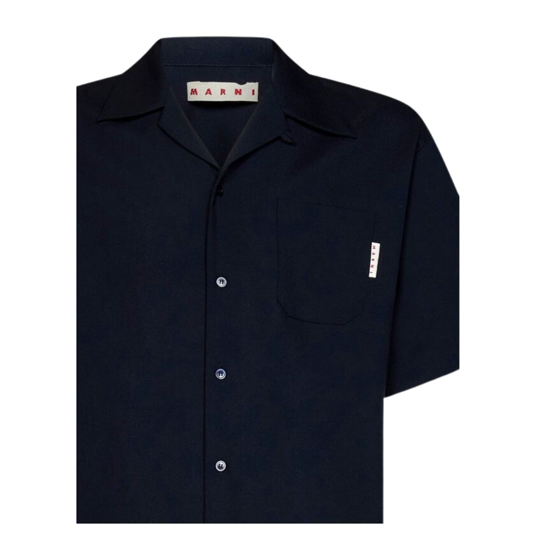 Men's Tropical Wool Bowling Short Sleeve Shirt - Blue Black