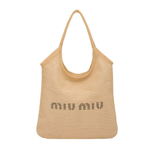 Miu Miu MIUMIU Raffia and Linen Tote Bag Tan