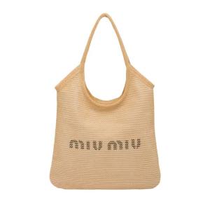 Miu Miu MIUMIU Raffia and Linen Tote Bag Tan