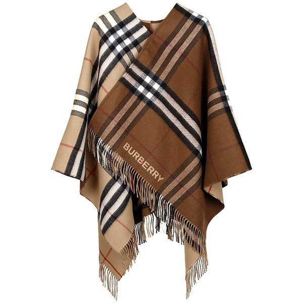 Beige Contrast Check Wool Cashmere Cape