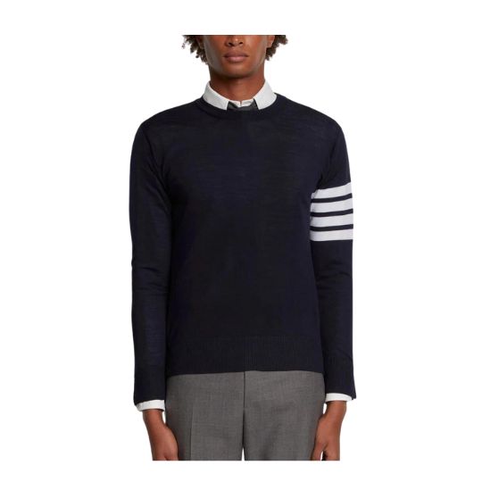 NAVY FINE MERINO WOOL 4-BAR CREW NECK PULLOVER NAVY