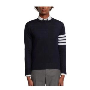 NAVY FINE MERINO WOOL 4-BAR CREW NECK PULLOVER NAVY