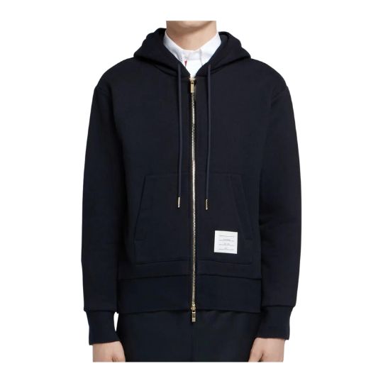 NAVY COTTON LOOPBACK CENTER BACK STRIPE ZIP-UP HOODIE