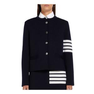 NAVY DOUBLE FACE FINE MERINO WOOL 4-BAR ENGRAVED MRS. THOM BUTTON CREWNECK CARDIGAN JACKET