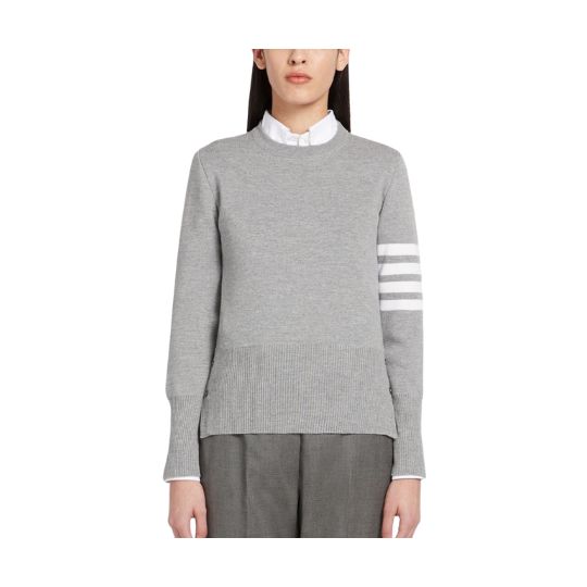 LIGHT GRAY MILANO STITCH FINE MERINO WOOL 4-BAR CREWNECK CARDIGAN