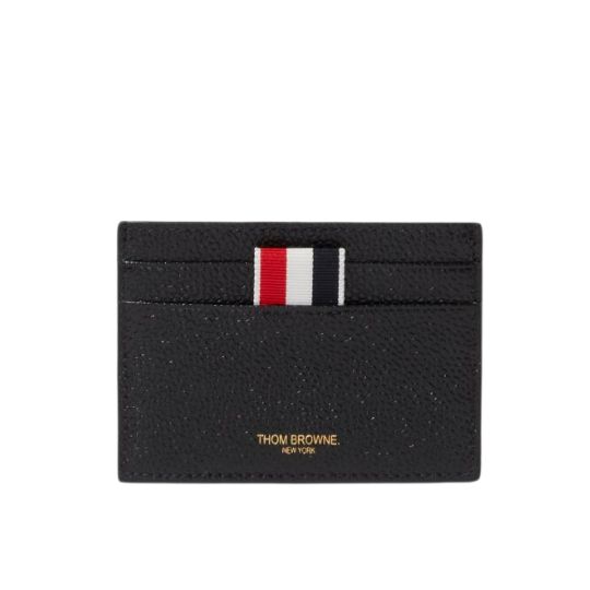 Black Pebble Grain Leather Grosgrain Tab Double Sided Card Holder