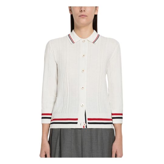 HIGH TWIST COTTON CRICKET STRIPE POLO CARDIGAN