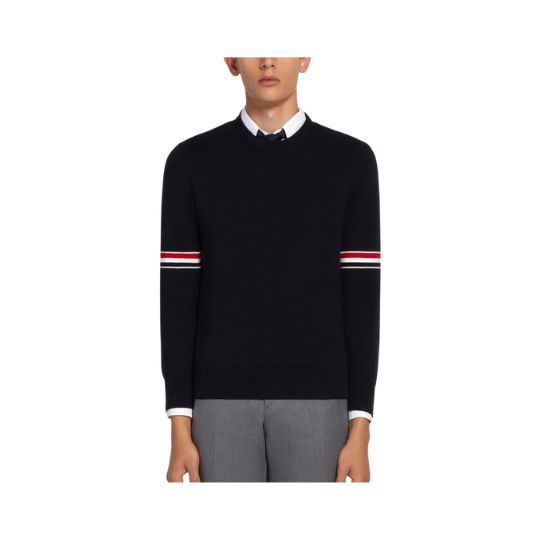 NAVY COTTON MILANO STITCH STRIPE ARMBAND CREWNECK PULLOVER