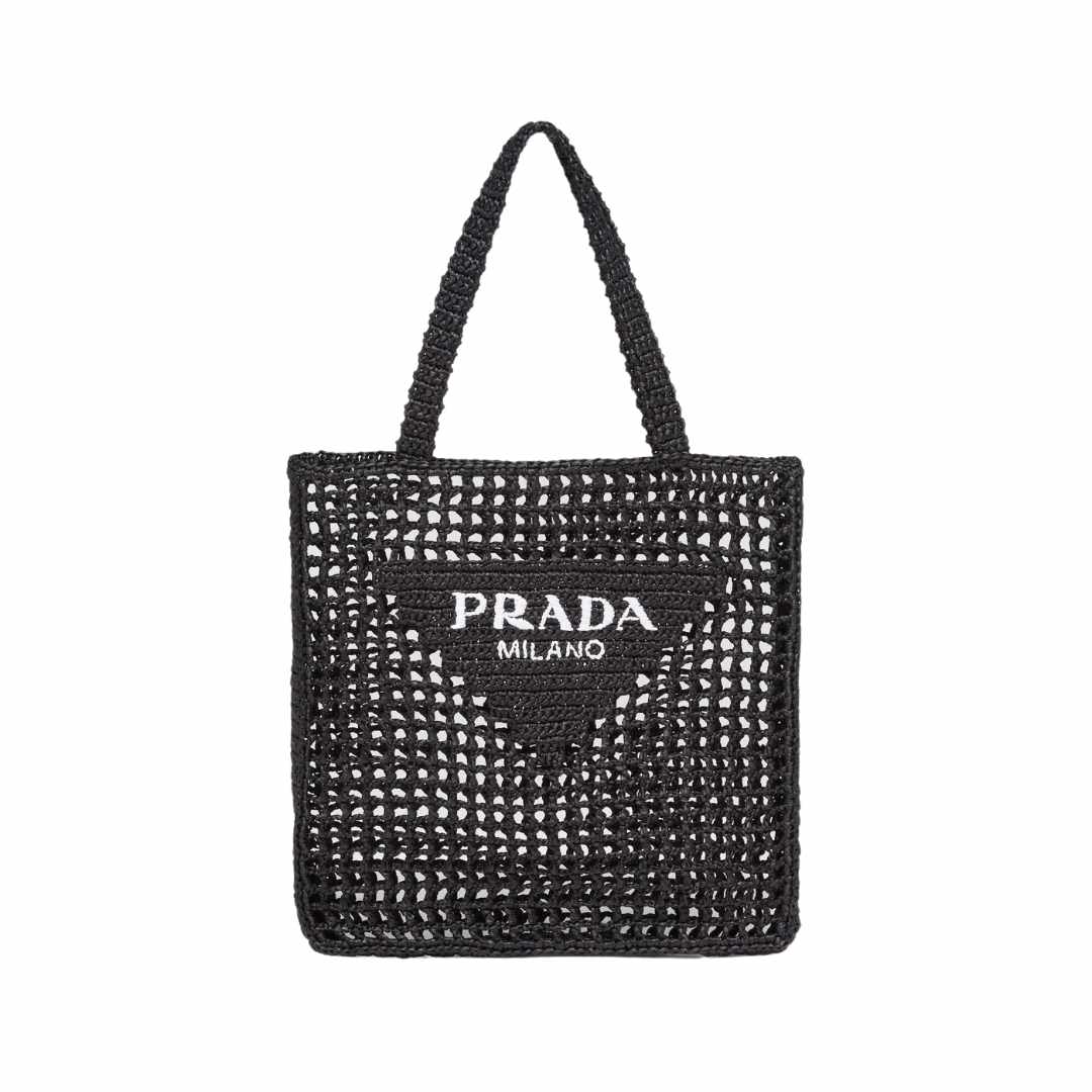 Prada Raffia Tote Bag with Logo Black