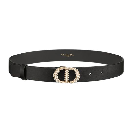 30 Montaigne Pearls Belt Black Smooth Calfskin and White Glass Pearls, 27 MM