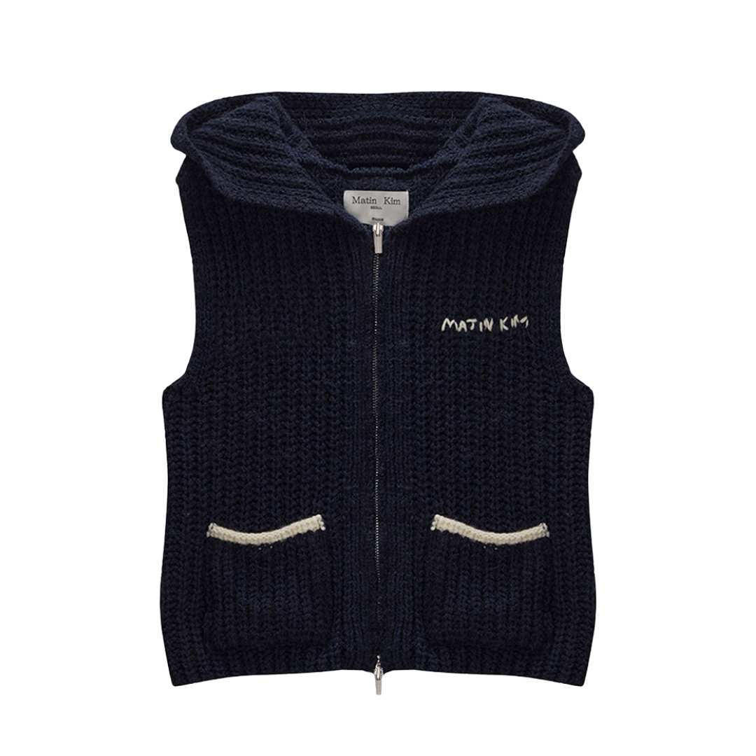 POCKET HOODY ZIP UP KNIT VEST IN NAVY