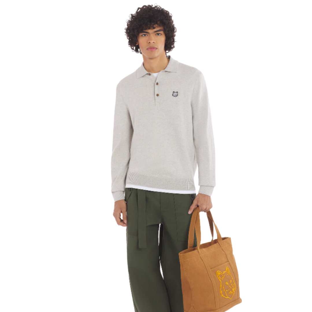 Maison Kitsune Bold Fox Head Patch Polo Jumper Light Grey Melange
