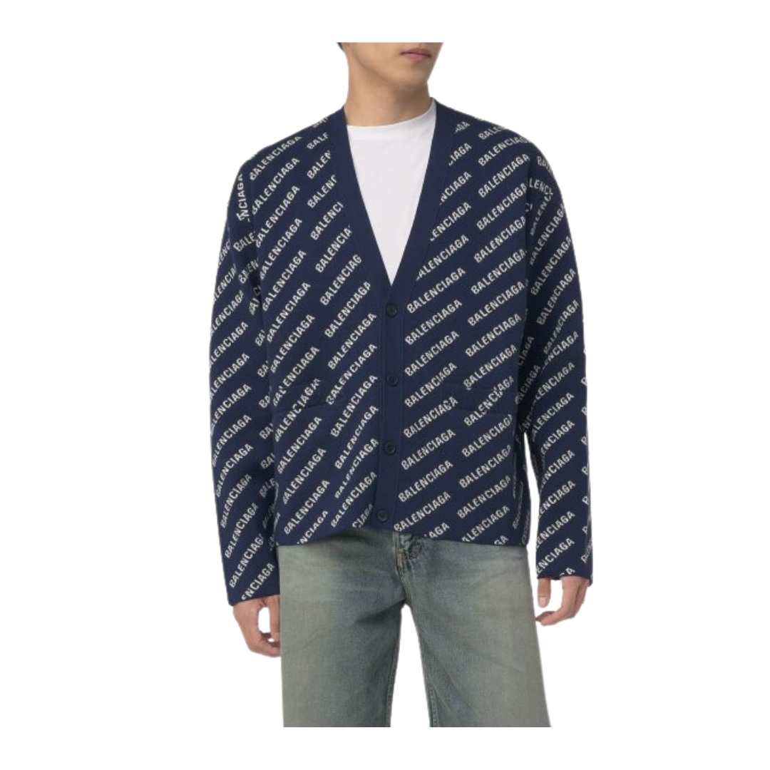 Men's All-Over Logo Cotton Cardigan - Blue 