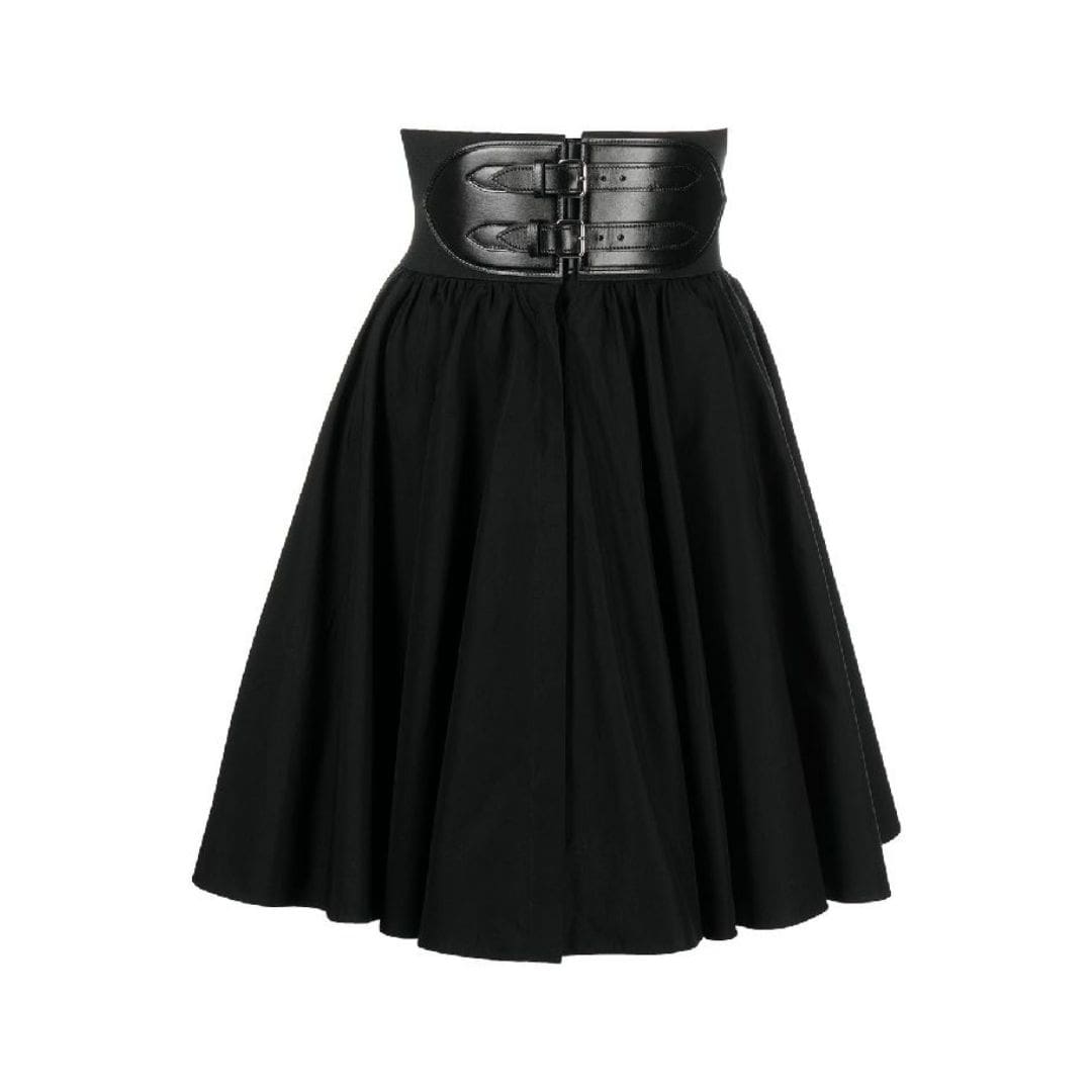High waist leather belted poplin skirt