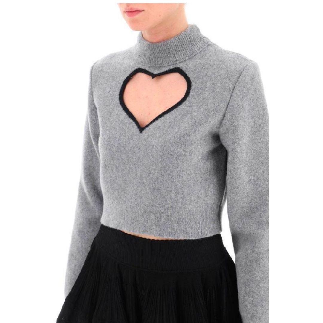 Heart cut-out cropped wool knit top