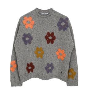 Gray Melange Jacquard Flower Wool Sweater
