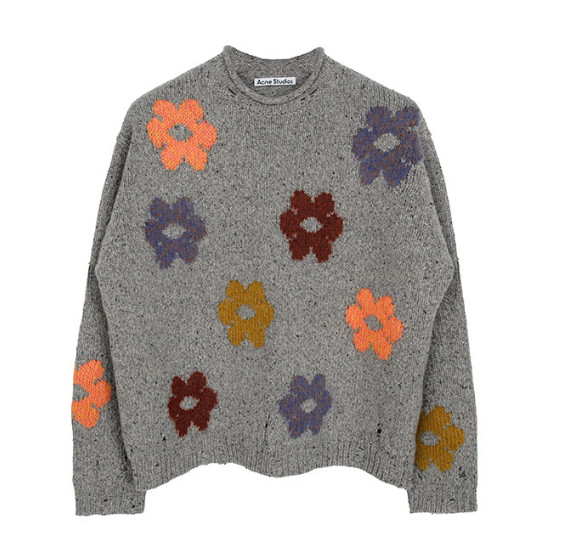 Gray Melange Jacquard Flower Wool Sweater