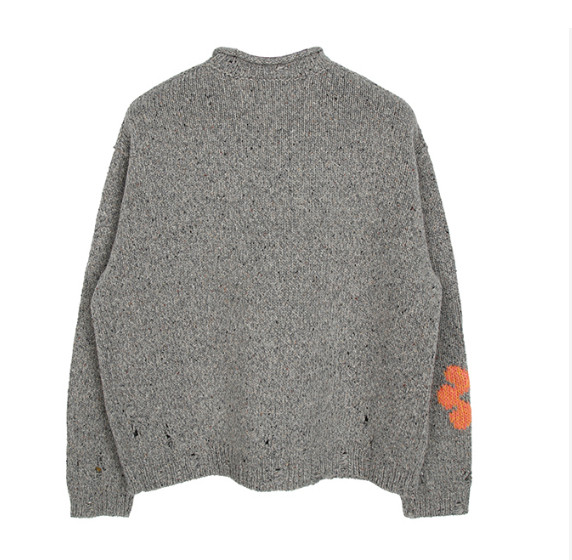 Gray Melange Jacquard Flower Wool Sweater