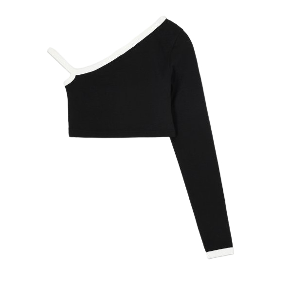 Women's Cropped Asymmetric Contrast Long Sleeve Top - Black