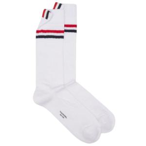 Men's Athletic Ribbed Cotton Striped Mid Calf Socks - White