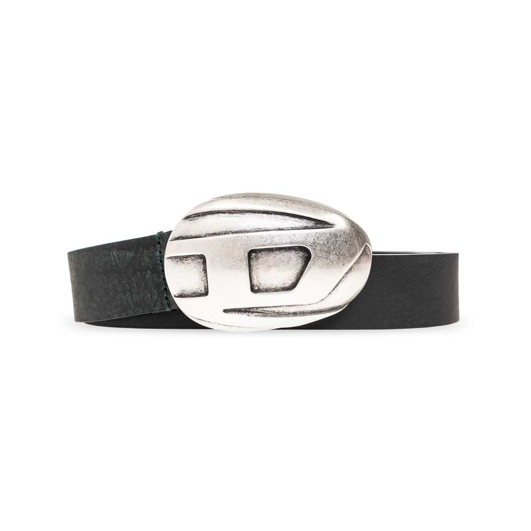 Treated leather belt with logo buckle