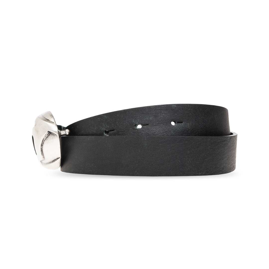 Treated leather belt with logo buckle