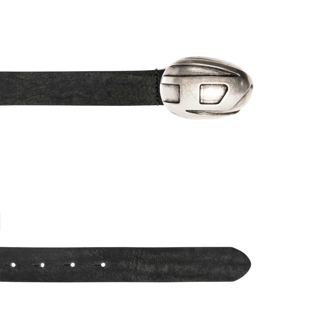 Treated leather belt with logo buckle
