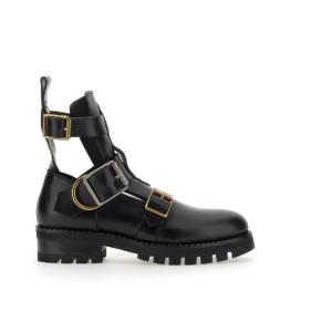 Black leather buckle boots