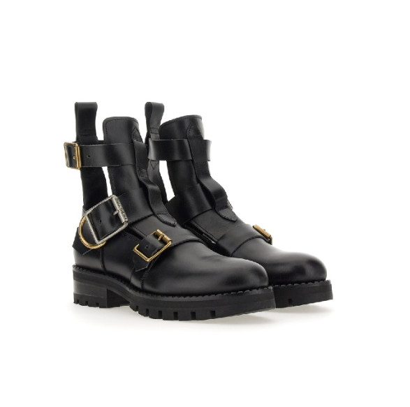 Black leather buckle boots