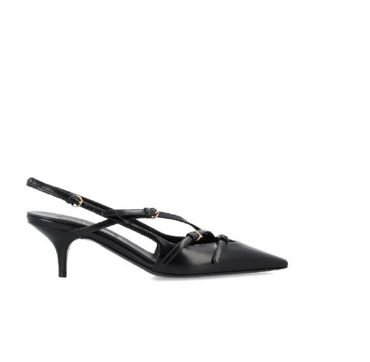 Buckle strap-embellished leather slingback heel