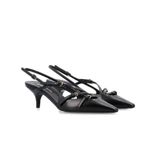 Buckle strap-embellished leather slingback heel
