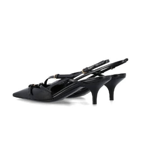 Buckle strap-embellished leather slingback heel