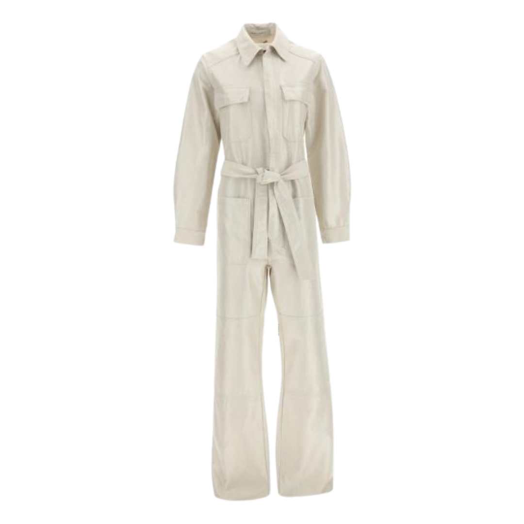 golden white denim jumpsuit