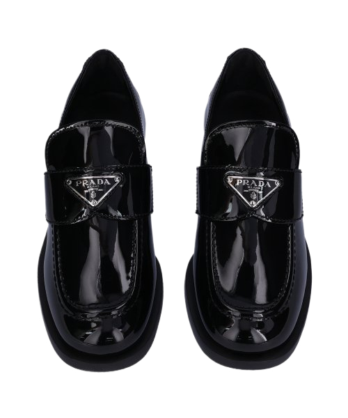Women's Triangle Logo Patent Leather Loafers - Black