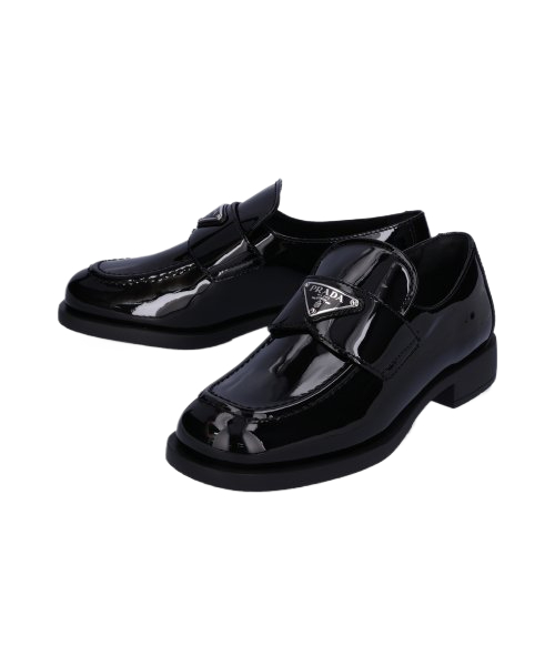 Women's Triangle Logo Patent Leather Loafers - Black