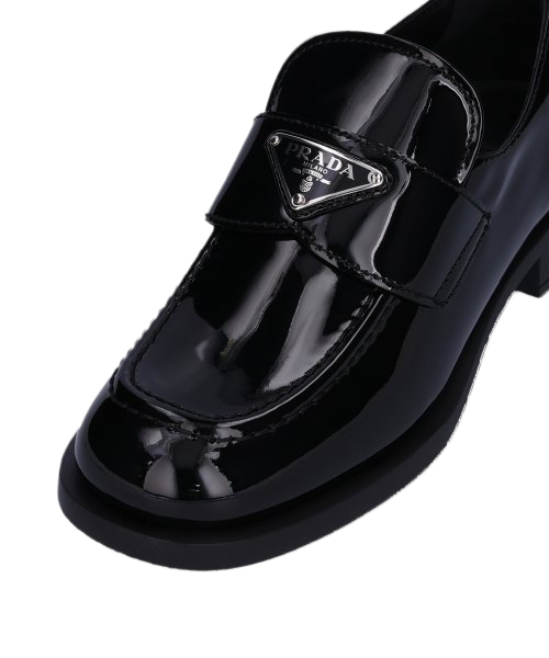 Women's Triangle Logo Patent Leather Loafers - Black